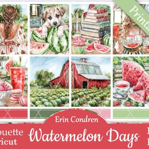 Printable Planner Stickers, Erin Condren, Watermelon Days, Vertical, Weekly Kit, Free Silhouette Cut Files, Ice cream, Puppy, Patch, Farm,