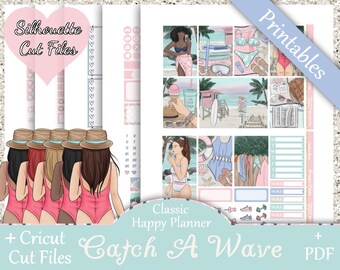 Printable Planner Stickers, Happy Planner, Catch A Wave, Classic, MAMBI, Weekly Kit, Free Silhouette Cut Files, Summer, Beach, Surfing, HP