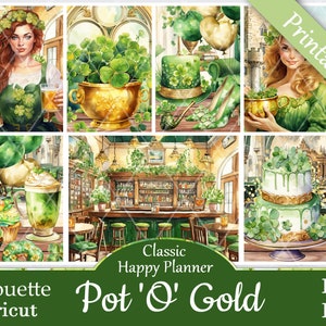 May include: Printable planner stickers with a St. Patrick's Day theme. The stickers feature a green shamrock, a pot of gold, a leprechaun, and a green beer. The text "Pot 'O' Gold" and "Classic Happy Planner" are also included.