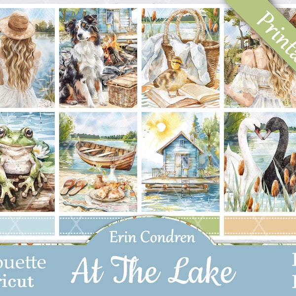 Printable Planner Stickers, Erin Condren, At The Lake, Vertical, Weekly Kit, Free Silhouette Cut Files, Frog, Book, Picnic, Camping, Duck
