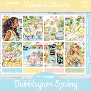 May include: A set of printable stickers featuring a whimsical spring theme with pastel colours. The stickers include a girl blowing a bubble, a house with a car in front, a cat sleeping in a basket, a cafe with a table and chairs, a shop with a sign that says "Open", and a girl holding a bouquet of flowers. The stickers are perfect for adding a touch of spring to your planner, journal, or scrapbook.