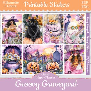 Printable Planner Stickers, Happy Planner, Groovy Graveyard, Classic, Weekly Kit, Free Silhouette, Retro, Ghost, Black Cat, 70s, Witchy, HP