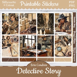 May include: A set of eight printable stickers featuring a detective theme. The stickers include images of a woman in a trench coat, a city skyline, a detective's office, and a magnifying glass. The stickers are designed for use with a Silhouette or Cricut cutting machine.