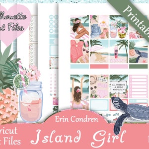 Printable Planner Stickers, Erin Condren, Island Girl, Vertical, Weekly Kit, Free Silhouette Cut Files, Summer, Surfing, Pink, Beach, EC