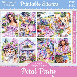 May include: Printable sticker sheet featuring illustrations with a floral and spring theme. The sheet includes images of a woman, a bunny, a picnic, a corgi, a cat, a house, a squirrel, and a woman on a bicycle. Text includes "Printable Stickers" and "Petal Party".
