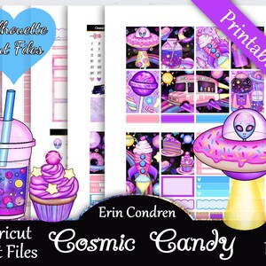 Printable Planner Stickers, Erin Condren, Cosmic Candy, Vertical, Weekly Kit, Free Silhouette Cut Files, Space, Galaxy, Cake, UFO, Planets