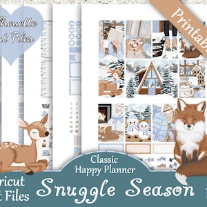 Printable Planner Stickers, Happy Planner, Snuggle Season, Classic, MAMBI, Weekly Kit, Free Silhouette Cut Files, Cozy, Deer, Coffee, Fox HP