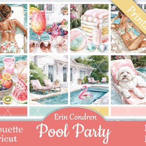 Printable Planner Stickers, Erin Condren, Pool Party, Vertical, Weekly Kit, Free Silhouette Cut Files, Fruit, Summer, Swimming, Dog, Sweets