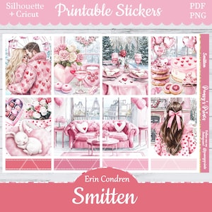 Printable Planner Stickers, Erin Condren, Smitten, Vertical, Weekly Kit, Free Silhouette, Bunny, Snuggle, Cake, Pink, Lovers, Sweets, Girly