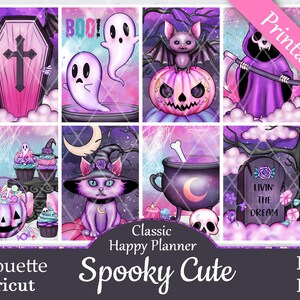 Printable Planner Stickers, Happy Planner, Spooky Cute, Classic, MAMBI, Weekly Kit, Free Silhouette Cut Files, Ghost, Cat, Boo, Pink, HP