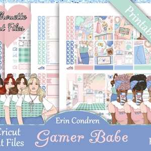 Printable Planner Stickers, Erin Condren, Gamer Babe, Vertical, Weekly Kit, Free Silhouette Cut Files, Cozy Gaming, AC, Cute, Flower, Fruit