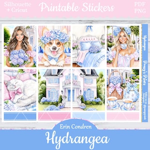 Printable Planner Stickers, Erin Condren, Hydrangea, Vertical, Weekly Kit, Free Silhouette, Spring, Cat, Dog, Floral, Cottagecore, Bloom, EC