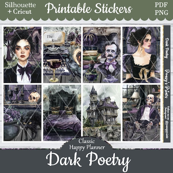 Printable Planner Stickers, Happy Planner, Dark Poetry, Classic, MAMBI, Weekly Kit, Free Silhouette, Poe, Book, Reading, Fall, Cat, Skeleton