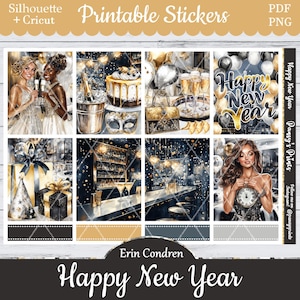 Printable Planner Stickers, Erin Condren, Happy New Year's Eve, Vertical, Weekly Kit, Free Silhouette, Party, Girl's Night, Cake, Birthday