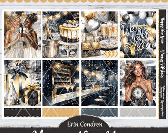 Printable Planner Stickers, Erin Condren, Happy New Year's Eve, Vertical, Weekly Kit, Free Silhouette, Party, Girl's Night, Cake, Birthday