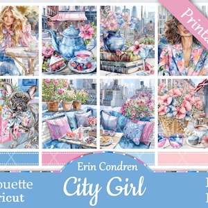 Printable Planner Stickers, Erin Condren, City Girl, Vertical, Weekly Kit, Free Silhouette Cut Files, Dog, Blue, Books, Floral, Flowers, EC
