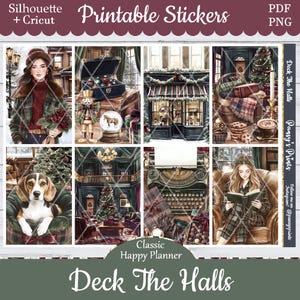 Könnte beinhalten: Blatt mit druckbaren Aufklebern zum Thema "Deck the Halls". Die Illustrationen zeigen Aquarellbilder von Urlaubsszenen, darunter eine Frau, ein Hund, ein Geschäft und eine Schreibmaschine. Der Text "Printable Stickers" und "Classic Happy Planner" ist ebenfalls sichtbar.