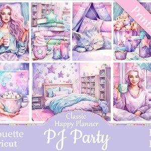 Printable Planner Stickers, Happy Planner, PJ Party, Classic, MAMBI, Weekly Kit, Free Silhouette Cut Files, Slumber, Cat, Sweets, Pink, HP