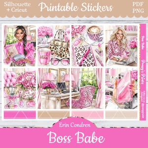 Printable Planner Stickers, Erin Condren, Boss Babe, Vertical, Weekly Kit, Free Silhouette, Office, Work, Leopard, Cheetah, Coffee, Hustle