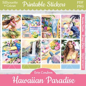 Printable Planner Stickers, Erin Condren, Hawaiian Paradise, Vertical, Weekly Kit, Free Silhouette, Hawaii, Beach, Sea, Drinks, Tiki, Luau