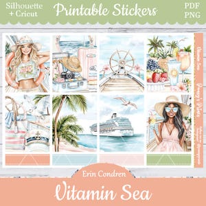 Printable Planner Stickers, Erin Condren, Vitamin Sea, Vertical, Weekly Kit, Free Silhouette, Summer, Ship, Cruise, Drinks, Vacation, Boat