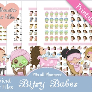 May include: A digital download of printable and cut files for planner stickers featuring cute cartoon girls in various spa and fitness activities. The text "Fits all Planners!" and "Bifsy Babes" is included in the image.