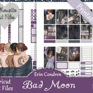 Printable Planner Stickers, Erin Condren, Bad Moon, Vertical, Weekly Kit, Free Silhouette Cut Files, Spell, Hex, Fall, Book, Witch, Owl, EC