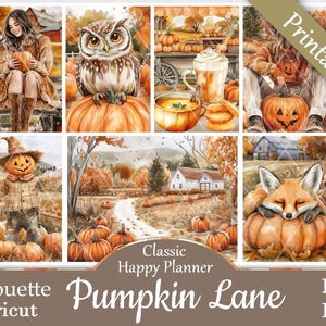 May include: Printable planner stickers featuring a fall theme with pumpkins, owls, scarecrows, foxes, and a farmhouse. The stickers are designed for use with Happy Planners.