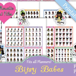 Printable Planner Stickers, Bitsy Babes, Functional, Cute Girls, Laundry, Cleaning, Shopping, Work, Pay Bills, African American, Me Time
