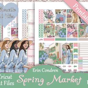 Printable Planner Stickers, Erin Condren, Spring Market, Vertical, Weekly Kit, Free Silhouette Cut Files, Floral, Dog, Bird, Bike, Girly, EC