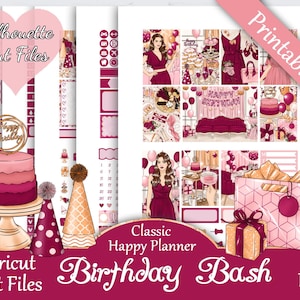 Printable Planner Stickers, Happy Planner, Birthday Bash, Classic, MAMBI, Weekly Kit, Free Silhouette Cut Files, Pink, Girly, Party, Gift HP