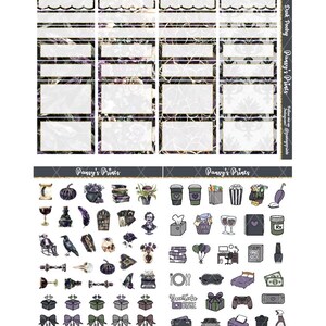 May include: A set of printable planner stickers featuring a dark and spooky theme. The stickers include images of a raven, a skull, a cauldron, a book, a wine glass, a feather, a key, a pumpkin, a coffin, a potion bottle, a crow, a heart, a gift box, a bow, a paperclip, a coffee cup, a shopping bag, a popcorn bucket, a vacuum cleaner, a tissue box, a basket, a wine glass, a pill bottle, a stack of books, a balloon, a computer, a washing machine, a nail polish bottle, a plate, a sleep mask, a bed, a dollar bill, a YouTube logo, a gift box, a video game controller, a printer, a car, a spray bottle, and a trash can.