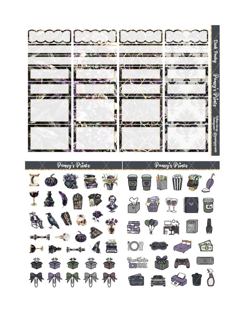 May include: A set of printable planner stickers featuring a dark and spooky theme. The stickers include images of a raven, a skull, a cauldron, a book, a wine glass, a feather, a key, a pumpkin, a coffin, a potion bottle, a crow, a heart, a gift box, a bow, a paperclip, a coffee cup, a shopping bag, a popcorn bucket, a vacuum cleaner, a tissue box, a basket, a wine glass, a pill bottle, a stack of books, a balloon, a computer, a washing machine, a nail polish bottle, a plate, a sleep mask, a bed, a dollar bill, a YouTube logo, a gift box, a video game controller, a printer, a car, a spray bottle, and a trash can.