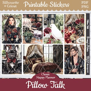 Printable Planner Stickers, Happy Planner, Pillow Talk, Vertical, Weekly Kit, Free Silhouette, Dog, Boudoir, Lovers, Elegant, Roses, Tender