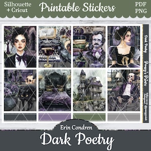 Printable Planner Stickers, Erin Condren, Dark Poetry, Vertical, Weekly Kit, Free Silhouette, Poe, Books, Reading, Skeleton, The Raven, Cat