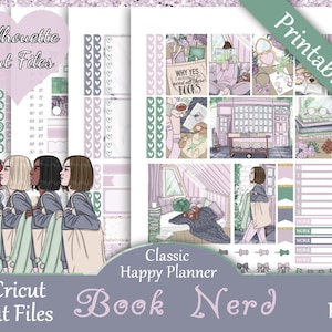 May include: A set of printable stickers for a classic happy planner. The stickers feature a bookworm theme with illustrations of books, coffee, and a woman carrying a bag of books. The text "WHY YES I need all these BOOKS" is included on one of the stickers. The stickers are in shades of purple, green, and brown.