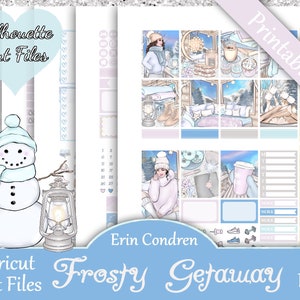 Printable Planner Stickers, Erin Condren, Frosty Getaway, Vertical, Weekly Kit, Free Silhouette Cut Files, EC, Winter, Cozy, Books, Coffee