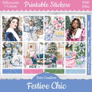 Printable Planner Stickers, Erin Condren, Festive Chic, Vertical, Weekly Kit, Free Silhouette, Glam, Deer, Snowman, Nutcracker, Girly, Party