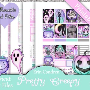 Printable Planner Stickers, Erin Condren, Pretty Creepy, Vertical, Weekly Kit, Free Silhouette Cut Files, Cute, Ghost, Boo, Cat, Pastel, EC