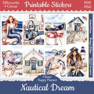 Printable Planner Stickers, Happy Planner, Nautical Dream, Vertical, Weekly Kit, Free Silhouette, Sea, Ship, Seashell, Turtle, Boat, Nauti
