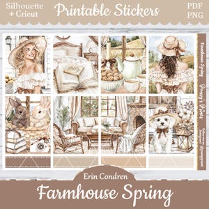 Printable Planner Stickers, Erin Condren, Farmhouse Spring, Vertical, Weekly Kit, Free Silhouette, Farm, Dog, Bunny, Books, Cottagecore, EC