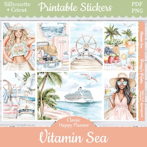 Printable Planner Stickers, Happy Planner, Vitamin Sea, Vertical, Weekly Kit, Free Silhouette, Summer, Ship, Cruise, Drinks, Vacation, Boat
