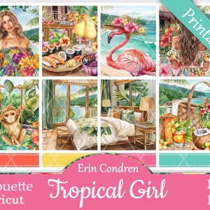 Printable Planner Stickers, Erin Condren, Tropical Girl, Vertical, Weekly Kit, Free Silhouette Cut Files, Monkey, Summer, Tropics, Tiki, EC