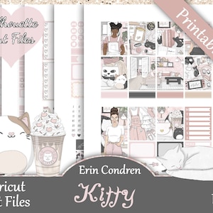 Printable Planner Stickers, Erin Condren, Kitty, Vertical, Weekly Kit, Free Silhouette Cut Files, EC, Cat, Kitten, Cute, Pink, Books, Coffee