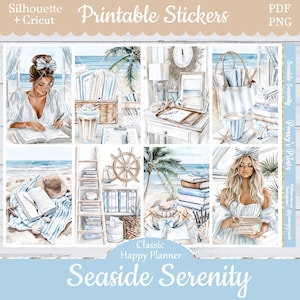 Printable Planner Stickers, Happy Planner, Seaside Serenity, Vertical, Weekly Kit, Free Silhouette, Summer, Beach, Books, Crab, Ocean, Sushi