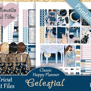 Printable Planner Stickers, Happy Planner, Celestial, Classic, MAMBI, Weekly Kit, Free Silhouette Cut Files, Moon, Stars, Zodiac signs, HP