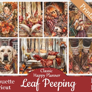 May include: A set of printable planner stickers featuring autumnal scenes, including a girl with a scarf and a book, a fireplace with a hedgehog, a dog wearing a scarf, and a pair of boots. The stickers are labeled "Classic Happy Planner Leaf Peeping".
