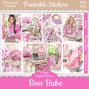 Printable Planner Stickers, Happy Planner, Boss Babe, Vertical, Weekly Kit, Free Silhouette, Office, Work, Leopard, Cheetah, Coffee, Hustle