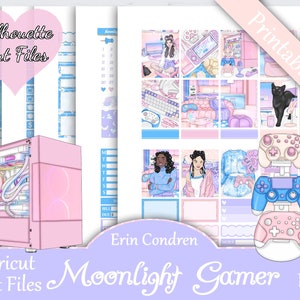 Printable Planner Stickers, Erin Condren, Moonlight Gamer, Vertical, Weekly Kit, Free Silhouette Cut Files, Snacks, Girly, Cat, Luna, Pink