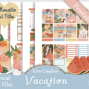 Printable Planner Stickers, Erin Condren, Vacation, Vertical, Weekly Kit, Free Silhouette Cut Files, Ocean, Beach, Book, Flamingo, Sunset EC